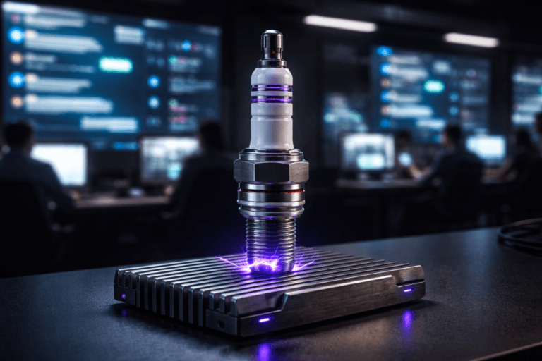 A photorealistic medium-wide cinematic shot, camera positioned approximately 1–2 meters from the subject, capturing a highly detailed real automotive spark plug with refined futuristic industrial design mounted upright on a ribbed aluminum heatsink plate resting on a sleek dark workstation, a small visible electric arc jumping between its electrodes, metal body and white ceramic insulator crisp and clearly readable within a realistic environment. The object integrates subtle electric-purple (#7B63FF) accents indicating intelligence or activity without overpowering realism, with a faint electric-purple glow around the spark and tiny purple highlights along engraved lines on the plug and edges of the heatsink fins. Set in a tech-noir digital messaging command center at night, a control room filled with large wall-mounted displays showing blurred, abstracted conversation streams and analytics dashboards from multiple channels (WhatsApp-style chat bubbles, social icons, SMS indicators) with no legible text, glass partitions, cable-managed equipment racks and minimalist office furniture, while a diverse team of marketing, sales and support professionals works at computer stations in the background in soft focus, casually collaborating and monitoring conversations. Lighting is low-key and practical, coming from the cool glow of the screens, a few dim overhead panels and a soft integrated white spotlight from the upper side gently illuminating the spark plug and aluminum heatsink, revealing fine metal textures, subtle fingerprints and machining marks, with the room fading into darker neutral grays and charcoals accented by restrained electric-purple UI reflections and indicator LEDs. Cinematic realism, natural shallow-to-medium depth of field that keeps the spark plug and heatsink sharply in focus and the people and screens slightly blurred, 35mm–50mm lens look, premium materials, ultra-detailed, 8K, no captions, no readable text, no watermarks.