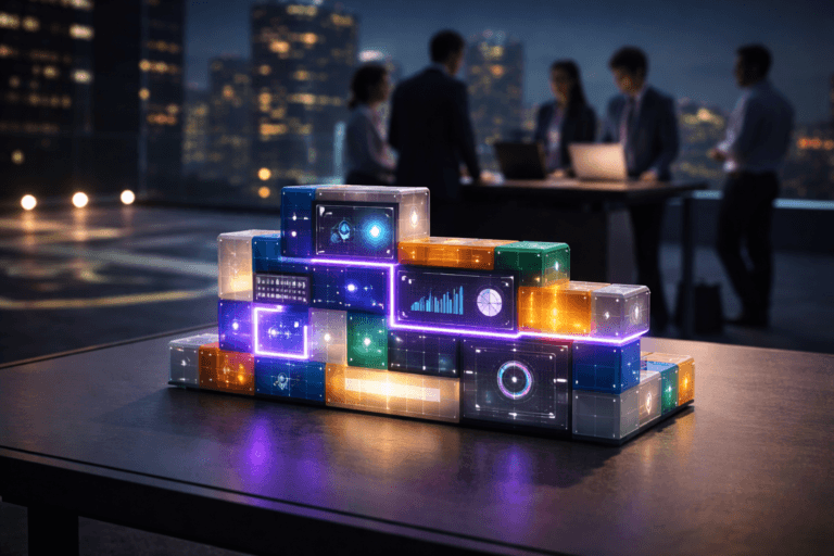 A photorealistic medium-wide cinematic shot, camera positioned approximately 1–2 meters from the subject with a 35mm lens look, capturing a neatly organized set of colorful modular plastic construction blocks, precisely interlocked into a sleek contemporary structure that evokes digital dashboards and interface panels, arranged on a low modern table, clearly readable within a realistic environment. The object integrates subtle electric-purple (#7B63FF) accents along selected translucent blocks and connection seams, indicating intelligence and activity without overpowering realism. Set on a rooftop heliport atop a modern corporate high-rise at night, the concrete helipad with its large “H” marking clearly visible on the ground, surrounded by a moody city skyline with restrained neon reflections and distant traffic lights, with a small, diverse group of marketing professionals in smart-casual attire softly out of focus in the background and periphery, standing and leaning around the table and nearby laptops, engaged in quiet discussion while remaining secondary to the hero object. Lighting is low-key and practical, coming from perimeter helipad lights, open laptop screens and subtle architectural fixtures, complemented by a soft integrated white spotlight from above and slightly to the side, gently revealing the form, texture and depth of the blocks, table surface and marked concrete floor, casting realistic shadows. Cinematic realism, natural shallow-to-medium depth of field, neutral corporate color palette with restrained neon accents, premium materials, ultra-detailed, 8K, no captions, no text overlays, no watermarks.