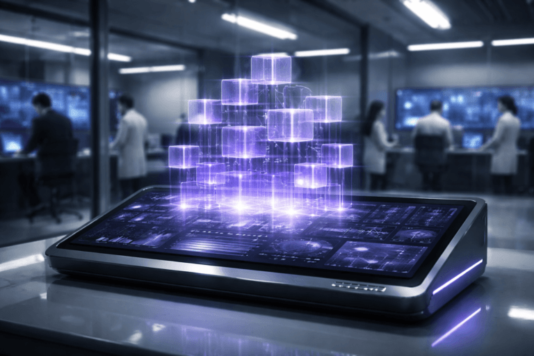 A photorealistic medium-wide cinematic shot, camera positioned approximately 1–2 meters from the subject, capturing a sleek glass-and-metal onboarding data control console as the hero object, its surface showing a unified analytics interface and projecting a cluster of semi-transparent 3D data cubes that rise in organized geometric layers above it, each cube interconnected by fine luminous lines to suggest structured, reliable onboarding events within a data platform, clearly readable within a realistic environment. The object integrates subtle electric-purple (#7B63FF) accents along cube edges, interface highlights, and underlighting to indicate intelligence and real-time activity without overpowering realism. Set in a high-tech, sterile clean-room style data operations lab with glossy white floors, glass partitions, and meticulously organized workstations, translated into a Tech-Noir mood with controlled cool ambient light, soft gradients of shadow, and restrained neon reflections, with a diverse team of realistic professionals in clean-room coats and smart casual attire working in the background at large wall screens and side desks, candid and slightly out of focus so they remain secondary to the console. Lighting is low-key and practical, coming from overhead panel lights, monitors, and the glow of the console itself, complemented by a soft integrated white spotlight from above and slightly to the side, gently revealing form, texture, and depth of the cubes and console. Cinematic realism, natural shallow-to-medium depth of field, neutral corporate palette with restrained electric-purple and cool blue accents, premium materials, ultra-detailed, 8K, no captions, no visible text on interfaces, no watermarks.