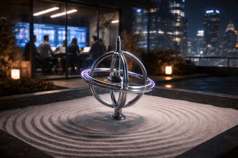 A photorealistic medium-wide cinematic shot, camera positioned approximately 1–2 meters from the subject, capturing a polished metallic gyroscope standing perfectly balanced at the center of a shallow tabletop zen garden filled with white sand raked into flowing wave patterns, the gyroscope’s finely machined steel rings catching subtle electric-purple #7B63FF reflections that suggest data-driven intelligence and precise social media control, clearly readable within a realistic environment. The object integrates subtle electric-purple accents indicating intelligence or activity without overpowering realism. Set in a rooftop corporate zen terrace at night, adjacent to a glass-walled marketing war-room where diverse professionals collaborate around multiple large screens displaying abstract social dashboards, with a distant futuristic city skyline, soft neon reflections on glass and concrete, and a cool tech-noir ambiance, with natural human presence in the background and periphery. Lighting is low-key and practical, coming from office monitors, discreet architectural strip lights and a few small garden lanterns, complemented by a soft integrated white spotlight from above and slightly to the side, gently revealing form, texture, and depth of the gyroscope, sand patterns, and surrounding materials. Cinematic realism, natural shallow-to-medium depth of field, 35mm lens look, premium materials, ultra-detailed, 8K, no text, no captions, no watermarks.