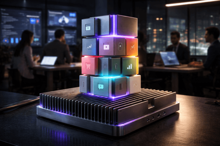 A photorealistic medium-wide cinematic shot, camera positioned approximately 1–2 meters from the subject, capturing a set of colorful modular construction blocks made of matte acrylic and brushed metal, precisely interlocking into a clean, organized, stylized tower-like structure that represents modular augmented reality marketing platforms, resting on a large aluminum heatsink surface with pronounced cooling fins on a sleek dark workstation, clearly readable within a realistic environment. The object integrates subtle electric-purple #7B63FF accents as fine edge-lighting, internal glow lines between the blocks and soft reflections from nearby screens, indicating intelligence and digital activity without overpowering realism. Set in a dimly lit real-world tech-noir marketing and analytics war room at night, with glass walls, softly glowing dashboards and AR campaign previews on wall-mounted screens, hints of server racks and distant city lights outside, and a few diverse professionals in smart-casual attire softly out of focus in the background, collaborating around laptops and tablets while glancing occasionally toward the modular structure. Lighting is low-key and practical, coming from computer monitors, a slim overhead LED strip and a nearby desk lamp, complemented by a soft integrated white spotlight from above and slightly to the side, gently revealing the form, texture and depth of the blocks and the metallic heatsink fins, with subtle reflections across the desk. Cinematic photographic realism with a 35mm lens look, natural shallow-to-medium depth of field, neutral corporate color palette with restrained neon purple accents, premium materials, ultra-detailed, 8K, no captions, no on-screen UI, no text overlays, no watermarks.