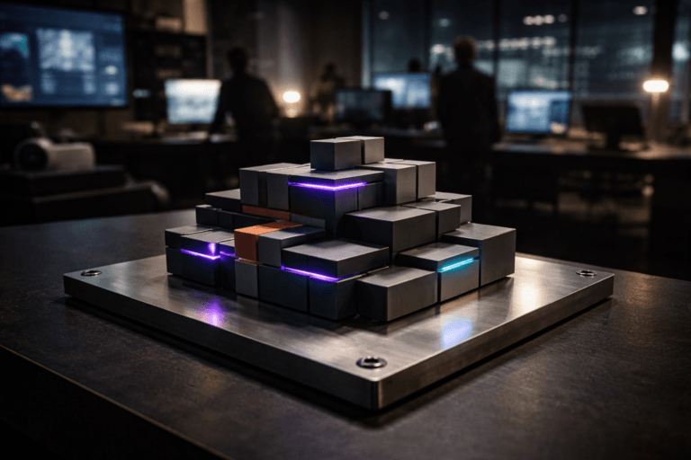 A photorealistic medium-wide cinematic shot, camera positioned approximately 1–2 meters from the subject, capturing a neatly organized structure of colorful modular building blocks made of matte acrylic and brushed metal, tightly interlocking into a precise, tiered formation atop a brushed metal plate with visible industrial screws in each corner, clearly readable within a realistic environment. The blocks are primarily neutral greys and deep charcoal with subtle color-coding, and slim electric-purple #7B63FF light strips run along selected edges and seams, softly glowing to indicate data, intelligence, and connected VR marketing platforms without overpowering realism. Set in a dim, high-end corporate innovation lab at night, with the metal plate resting on a dark workstation; in the softly blurred background, diverse marketing professionals stand and sit around desks with monitors and an occasional VR headset, large wall screens showing out-of-focus dashboards and virtual showroom imagery, and a glass wall revealing a moody city skyline with faint neon reflections, creating a Tech-Noir atmosphere grounded in a real office. Lighting is low-key and practical, coming from overhead office fixtures, monitor glow, and a few accent lamps, complemented by a soft integrated white spotlight from the upper side that gently rakes across the modular blocks and metal surface, revealing micro-texture, edges, and depth while casting controlled shadows. Cinematic realism, 35mm lens look, natural shallow-to-medium depth of field, premium materials, ultra-detailed, 8K, no captions, no text overlays, no watermarks, no visible brand logos.