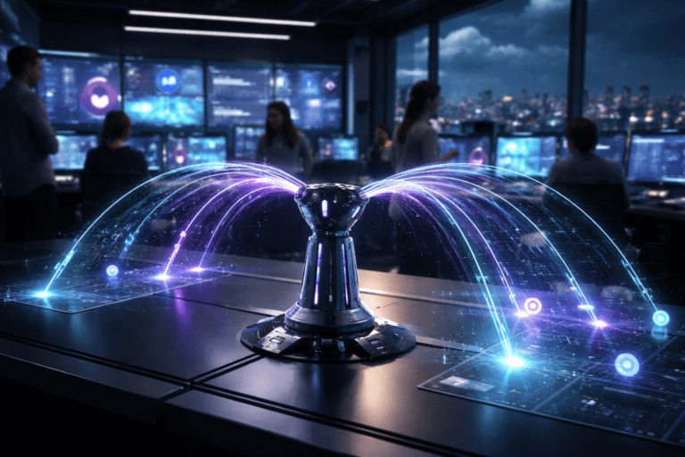 A photorealistic medium-wide cinematic shot, camera positioned approximately 1–2 meters from the subject, capturing a sleek metallic irrigation sprinkler head redesigned as a futuristic data-distribution hub, mounted on a glossy dark operations desk in the center of a social media analytics war room, the device clearly readable within a realistic environment; instead of water, it emits fine, semi-transparent arcs of light and particles in subtle electric purple #7B63FF and soft cyan, flowing outward toward multiple thin glass-like displays around it that show abstract social media dashboards, charts, and generic platform icons without legible text, symbolizing multi-platform campaigns and data flow. The object integrates subtle electric-purple accents indicating intelligence or activity without overpowering realism, with small illuminated rings and status LEDs along its body. Set in a high-rise Tech-Noir marketing command center at night, overlooking a sprawling São Paulo–like skyline through large floor-to-ceiling windows, with soft cumulus clouds and faint city lights below the horizon; walls lined with ultra-wide curved screens and workstations showing muted interface graphics and data visualizations, neutral corporate tones with restrained neon highlights. A diverse team of realistic marketing professionals in smart-casual attire stands and sits in the background and periphery around the central desk, engaged with the dashboards and occasionally glancing at the sprinkler hub, their posture candid and focused, never upstaging the hero object. Lighting is low-key and practical, coming from the glow of the dashboards, desk lamps, and overhead linear fixtures, complemented by a soft integrated white spotlight from above and slightly to the side of the sprinkler hub, gently revealing metal, glass, and desk textures and adding depth and subtle reflections on the arcs of light. Cinematic realism, tech-noir mood with cool blue-gray shadows and controlled neon accents, natural shallow-to-medium depth of field (35mm lens, f/2.8), premium materials, ultra-detailed, 8K, no captions, no on-screen text, no watermarks.