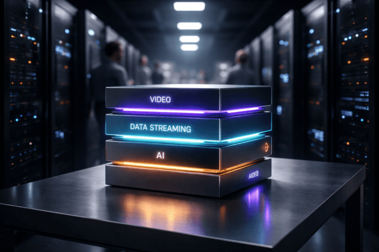 A photorealistic medium-wide cinematic shot, camera positioned approximately 1–2 meters from the subject, capturing a refined arrangement of premium, colorful modular building blocks stacked into a precise, multi-layered structure on a sleek metal operations table in the middle of a real data center aisle, each block representing connected layers of video, data streaming, and AI, clearly readable within a realistic environment. The object integrates subtle electric-purple (#7B63FF) accents as thin illuminated edges and soft internal glows running between the blocks, suggesting intelligent data flow and continuous streaming activity without overpowering the overall realism. Set inside a cold, dimly lit tech-noir data center corridor flanked by tall matte-black server racks stretching into the background, with soft reflections of the blocks and purple accents on the rack doors. In the background and periphery, a few diverse engineers in understated professional clothing move naturally between the racks, slightly out of focus, glancing at nearby monitoring screens, remaining clearly secondary to the modular structure. Lighting is low-key and practical, coming from overhead data center fixtures and the glow of server LEDs, complemented by a soft, integrated white spotlight from above and slightly to the side, gently revealing the form, texture, and depth of the blocks and table surface. Neutral corporate tones dominate the scene, with restrained neon accents in electric purple and cool blues, natural shallow-to-medium depth of field, cinematic realism, premium materials, ultra-detailed, 8K, no captions, no text overlays, no watermarks.