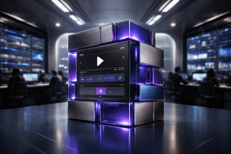 A photorealistic medium-wide cinematic shot, camera positioned approximately 1–2 meters from the subject, capturing a set of precisely aligned, colorful modular building blocks made of glossy acrylic and brushed metal, interlocking into a clean, organized tower with precise edges that metaphorically represents an AI-driven video marketing platform, the central front block displaying a sleek generic video player interface with subtle analytics graphs and controls clearly readable within a realistic environment. The object integrates subtle electric-purple (#7B63FF) accents along the block edges, UI highlights, and connection seams, indicating intelligence and real-time activity without overpowering realism. Set in a high-tech corporate video operations control room that resembles a clean, metallic tunnel, with curved brushed-steel walls and ceiling panels, rows of large wall-mounted dashboards showing video performance metrics and timelines, and glass partitions opening into adjacent workspaces, with a diverse team of professionals in the background at workstations, casually monitoring live video feeds and analytics in the periphery. Lighting is low-key and practical, coming from the glow of screens, soft recessed ceiling strips, and a gentle white spotlight from above and slightly to the side of the modular blocks, subtly revealing form, texture, and depth on the materials. Cinematic realism, natural shallow-to-medium depth of field, 35mm lens look, neutral corporate tones with restrained electric-purple neon accents, premium materials, ultra-detailed, 8K, no captions, no text overlays, no watermarks.