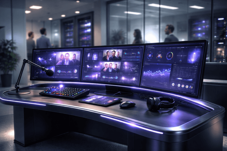 A photorealistic medium-wide cinematic shot, camera positioned approximately 1–2 meters from the subject, capturing a sleek executive control console styled as a high-end command center for webinars and live streaming clearly readable within a realistic environment. The hero object is a physical curved workstation with premium brushed metal and glass surfaces, multiple seamlessly integrated wide monitors forming a panoramic dashboard showing abstracted live video tiles, audience graphs, engagement dials, and security indicators (no readable text), with subtle electric-purple #7B63FF light traces running along the console edges and UI highlights to suggest intelligent orchestration of content, interaction, data, and security without overpowering realism. Set in a pristine high-tech operations room that blends a sterile clean-room aesthetic with a dimmed corporate control-center atmosphere: glossy white walls, glass partitions, a minimal gradient of cool neutrals and soft purple reflections, server racks and auxiliary screens receding into the background. Natural human presence in the periphery: a few diverse professionals in sharp business-casual and lab-style attire, slightly out of focus as they monitor auxiliary screens and confer quietly, secondary to the console. Lighting is low-key and practical, mixing the glow of the console screens with cool overhead panel lights; a soft integrated white spotlight from above and slightly to the side gently reveals the console’s form, texture, and depth, casting subtle reflections on the floor. Cinematic realism, 35mm lens, natural shallow-to-medium depth of field, premium materials, ultra-detailed, 8K, no captions, no on-screen text, no watermarks.