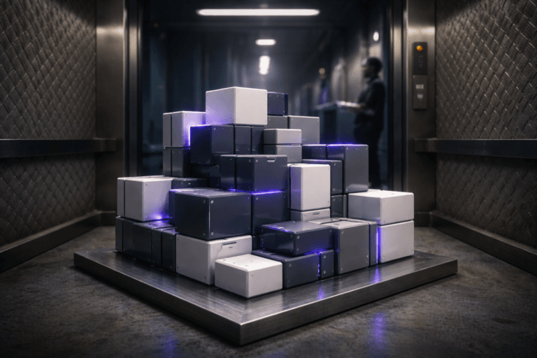 A photorealistic medium-wide cinematic shot, camera positioned approximately 1–2 meters from the subject, capturing a precise arrangement of glossy, real-world modular construction blocks in muted corporate tones with a few accent colors, stacked and interlocked into a perfectly organized, architectural ecosystem-like structure with crisp edges and premium finish on a low brushed-metal platform in the center of the frame, clearly readable within a realistic environment. The object integrates subtle electric-purple (#7B63FF) accents along select edges and seams as faint LED-like glows and tiny status indicators, suggesting intelligence, data flow, and orchestration without overpowering realism. Set in the interior of an industrial freight elevator with quilted brushed-metal walls, a scuffed steel floor, and slightly open elevator doors revealing a dim, tech-noir service corridor with cool blue and electric-purple reflections, with a couple of out-of-focus professionals in business-casual attire at the periphery near the doors, casually holding tablets and laptops showing abstract dashboard light, reinforcing the sense of social media operations and platform strategy without drawing attention from the blocks. Lighting is low-key and practical, coming from a ceiling strip inside the elevator and distant corridor fixtures, complemented by a soft integrated white spotlight from above that gently highlights the modular structure, revealing form, texture, and depth with realistic reflections on the metal surfaces. Cinematic realism, natural shallow-to-medium depth of field, premium materials, slight atmospheric haze, ultra-detailed, 8K, no captions, no text overlays, no watermarks.