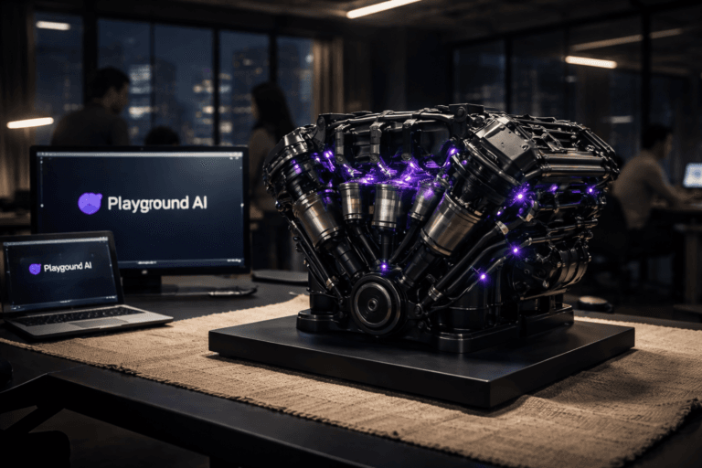A photorealistic medium-wide cinematic shot, camera positioned approximately 1–2 meters from the subject, capturing a stylized yet physically realistic V8 engine made of matte black metal and glass, its exposed pistons subtly blurred in motion, internal components traced with restrained electric-purple #7B63FF accents, mounted on a sleek dark pedestal resting on a strip of raw woven woven linen fabric, with a nearby laptop and large monitor behind it showing the Playground AI interface, the official Playground AI logo clearly visible on the main screen yet secondary to the engine, all clearly readable within a realistic environment. The object integrates subtle electric-purple accents indicating intelligence or activity without overpowering realism. Set in a contemporary open-plan marketing office at night with a tech-noir ambience, high-rise windows revealing a moody city skyline with faint neon reflections, glass walls, desks with scattered notebooks and devices, and a few diverse marketing professionals collaborating in the background, naturally posed and softly out of focus, with the raw woven linen fabric running across the main desk as a tactile contrast to the high-tech hardware. Lighting is low-key and practical, coming from the laptop and monitor screens, a couple of modern desk lamps, and muted city glow, complemented by a soft integrated white spotlight from above and slightly to the side, gently revealing the form, texture, and depth of the V8 engine, pistons, and linen fabric while letting the rest of the room fall into rich shadows. Cinematic realism, natural shallow-to-medium depth of field, 35mm lens look, neutral corporate color palette with restrained electric-purple accents, premium materials, ultra-detailed, 8K, no captions, no text overlays, no watermarks.