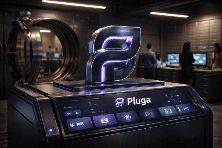A photorealistic medium-wide cinematic shot, camera positioned approximately 1–2 meters from the subject, capturing a sleek physical 3D Pluga logo sculpture in brushed dark metal and glass, mounted on a waist-high control console, the official Pluga logo clearly visible on the front panel and on nearby embedded screens that subtly display simplified UI tiles and icons suggesting automated workflows between CRMs, ERPs, payment gateways, and spreadsheets, all clearly readable within a realistic environment. The object integrates subtle electric-purple (#7B63FF) accents along its edges, status LEDs, and interface highlights, indicating intelligence and activity without overpowering realism. Set in the interior of a modern Brazilian bank vault repurposed as a secure automation operations hub, with thick stainless-steel walls, a massive circular vault door partially open in the background, neatly aligned safe-deposit drawers, and a minimalist workstation area featuring laptops and monitors with abstract graphs and app icons; a small diverse group of professionals in smart-casual office attire work naturally in the background and periphery, slightly out of focus, reviewing dashboards and discussing data. Lighting is low-key and practical, coming from overhead linear fixtures, monitor glow, and a subtle desk lamp, complemented by a soft integrated white spotlight from above and slightly to the side that gently reveals the form, texture, and depth of the Pluga logo sculpture and console. Cinematic realism, natural shallow-to-medium depth of field, neutral corporate tones with restrained electric-purple neon reflections, premium materials, ultra-detailed, 8K, no captions, no text overlays, no watermarks.
