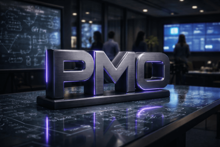 A photorealistic medium-wide cinematic shot, camera positioned approximately 1–2 meters from the subject, capturing a solid 3D sculpted PMO logo in brushed dark metal, the letters “PMO” forming a clean geometric, isometric-inspired block resting on a sleek glass tabletop covered with white marker mathematical formulas, KPIs and schematic lines, clearly readable as the hero object within a realistic environment. The object integrates subtle electric-purple (#7B63FF) accents along its edges and inner bevels, with a gentle internal glow and reflections on the glass surface indicating intelligence and data activity without overpowering realism. Set in a modern Tech-Noir corporate project control room at night, with floor-to-ceiling glass boards in the background bearing more white-marker formulas and diagrams, a softly blurred wall of large monitors showing abstract, de-textualized analytics dashboards, and a few diverse professionals in business-casual attire collaborating around the room and passing behind the table, kept secondary to the logo. One distant screen and a small glass door decal discreetly repeat the PMO logo as part of the real-world signage, non-dominant. Lighting is low-key and practical, coming from the glow of the monitors, a few overhead recessed fixtures and a city skyline reflection, complemented by a soft integrated white spotlight from above and slightly to the side of the logo, gently revealing form, texture and depth on the metallic PMO sculpture and the glass with handwritten formulas. Neutral corporate tones (charcoal, graphite, soft grays) are contrasted with restrained neon accents in electric purple and cool cyan, with natural shallow-to-medium depth of field, 35mm–50mm cinematic look, slight lens bloom on highlights, premium materials, ultra-detailed, 8K, no captions, no extraneous text overlays, no watermarks.