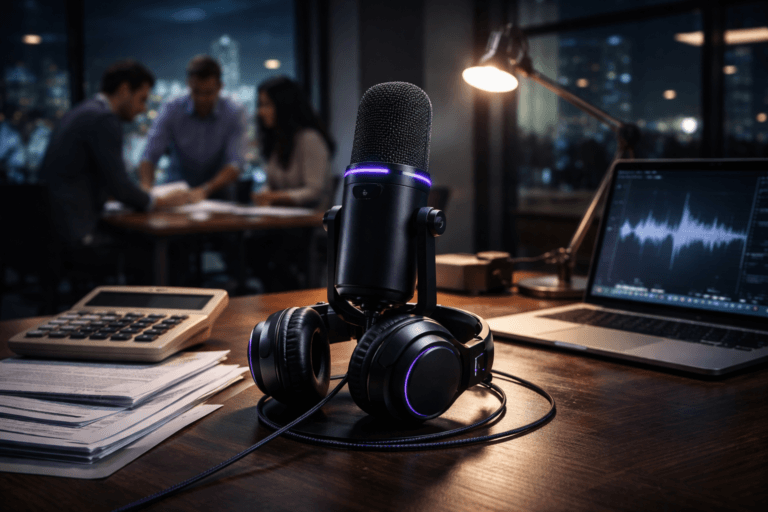 A photorealistic medium-wide cinematic shot, camera positioned approximately 1–2 meters from the subject, capturing a premium black studio podcast microphone with over-ear headphones resting around its base on an organized accountant’s desk, with an old beige calculator and neatly stacked financial papers clearly visible beside it, the microphone acting as a tangible symbol of clear corporate communication in podcast form. The object integrates subtle electric-purple #7B63FF accents as a thin LED ring on the microphone body and a faint glow along the headphone cable, suggesting intelligence and activity without overpowering realism. Set in a real-world Tech-Noir corporate office at night, where the accountant’s desk doubles as a compact podcast recording station: dark wood desktop, a muted laptop screen showing abstract audio waveforms, a slim metallic desk lamp, and hints of cables and audio interface kept tidy; glass partitions and a glimpse of a city skyline with distant lights visible through a window in the background. Natural human presence appears in the softly blurred mid-ground: a diverse group of marketing professionals in smart-casual attire gathered around a nearby table, leaning over printed podcast scripts and a tablet, engaged in quiet discussion with candid postures and neutral expressions, clearly secondary to the hero microphone setup. Lighting is low-key and practical, with cool ambient spill from the laptop and city lights, warm highlights from the desk lamp, and a soft integrated white spotlight from above and slightly to the side, gently revealing form, texture, and depth on the microphone grille, calculator keys, paper grain, and desktop while preserving deep shadows for a Tech-Noir mood. Cinematic realism, 35mm lens look, natural shallow-to-medium depth of field, neutral corporate color palette with restrained electric-purple neon accents, premium materials, ultra-detailed, 8K, no captions, no on-screen text, no watermarks.