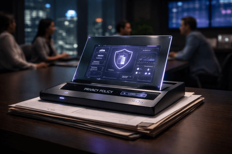 A photorealistic medium-wide cinematic shot, camera positioned approximately 1–2 meters from the subject, capturing a sleek physical “Privacy Policy” control console: a matte-black and brushed-metal desk device about the size of a thick binder, with a slightly angled translucent glass panel rising from it, the panel engraved with a minimal shield-and-document icon and backed by a thin, glowing privacy-analytics interface of graphs, consent toggles and risk indicators, resting on a neatly stacked pile of organized manila folders and printed legal documents on a modern dark-wood meeting table, clearly readable within a realistic environment. The object integrates subtle electric-purple accents indicating intelligence or activity without overpowering realism. Set in a dimly lit, glass-walled corporate boardroom at night high above a modern city, floor-to-ceiling windows revealing a softly blurred skyline with restrained neon reflections, multiple wall-mounted screens in the background showing out-of-focus data dashboards, and a diverse group of marketing and data-privacy professionals in business-casual attire gathered naturally around the table in candid discussion, softly out of focus so the console remains the hero, with cool neutral tones and subtle electric-purple #7B63FF reflections adding a Tech-Noir mood, with natural human presence in the background or periphery. Lighting is low-key and practical, complemented by a soft integrated white spotlight from above or the side, gently revealing form, texture, and depth. Cinematic realism, natural depth of field, premium materials, ultra-detailed, 8K.