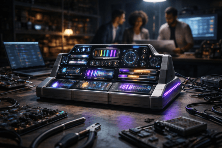 A photorealistic medium-wide cinematic shot, camera positioned approximately 1–2 meters from the subject, capturing a tangible, desk-sized “product portfolio control console” sculpture as the hero object — a sleek metal-and-glass device inspired by an airplane cockpit dashboard, composed of modular stacked blocks, dials, and glowing indicator bars that physically represent multiple digital products, lines, and metrics in a B2B SaaS portfolio, resting at the center of a robotics assembly workbench scattered with precision tools, cables, circuit boards, and a nearby open laptop, all clearly readable within a realistic environment. The object integrates subtle electric-purple (#7B63FF) accents in its indicator lights and edge glows, suggesting intelligence and active decision-making without overpowering the natural materials and colors. Set in a dimly lit tech-noir robotics lab and product-planning workspace at night, with industrial shelves and components in the background and a softly out-of-focus, diverse trio of professionals in smart-casual attire collaborating around screens and printed roadmaps at the periphery, their posture candid and natural. Lighting is low-key and practical, coming from overhead workshop lamps, the cool glow of laptop and monitor screens, and a soft integrated white spotlight from above and slightly to the side that gently sculpts the console’s form, texture, and depth, with cool neutral tones and restrained electric-purple reflections across nearby surfaces. Cinematic realism, natural shallow-to-medium depth of field, premium materials, ultra-detailed, 8K, no captions, no text overlays, no UI labels, no watermarks.