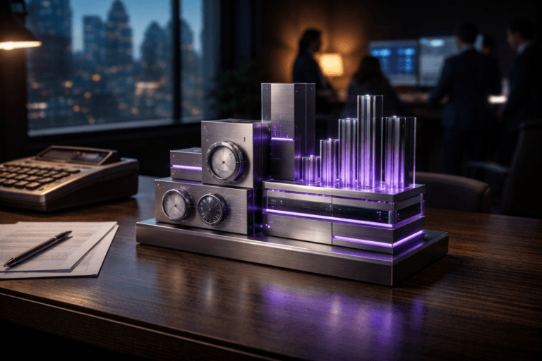 A photorealistic medium-wide cinematic shot, camera positioned approximately 1–2 meters from the subject, capturing a sleek physical desktop sculpture that represents portfolio strategy: a premium metal-and-glass modular “control panel” object made of interlocking stacked blocks, embedded analog dials, layered bar-chart columns, and tiny illuminated indicator strips, all clean and minimal, with no readable text or numbers. The sculpture sits prominently on a dark wooden accountant’s desk, beside a slightly worn vintage mechanical calculator and a few neatly arranged financial documents, adding a tactile contrast between old tools and modern decision intelligence. The object integrates subtle electric-purple (#7B63FF) accents as thin illuminated lines and edge glows within the blocks and dials, suggesting live data and intelligence without overpowering the scene. Set in a real-world late-evening corporate finance office, with a large window revealing a moody tech-noir city skyline of high-rises and neon reflections in the distance; in the softly blurred background, diverse professionals in business attire are seen in candid conversation around another desk, lit by the glow of monitors displaying abstract graphs (no legible text), reinforcing the idea of portfolio governance. Lighting is low-key and practical, coming from a warm desk lamp, the cool glow of nearby computer screens, and a soft integrated white spotlight from above and slightly to the side that gently reveals the sculpture’s form, brushed-metal texture, glass reflections, and depth, casting controlled shadows across the desk. Cinematic realism, natural shallow-to-medium depth of field, neutral corporate color palette with restrained neon purple accents, premium materials, ultra-detailed, 8K, no captions, no text overlays, no watermarks.
