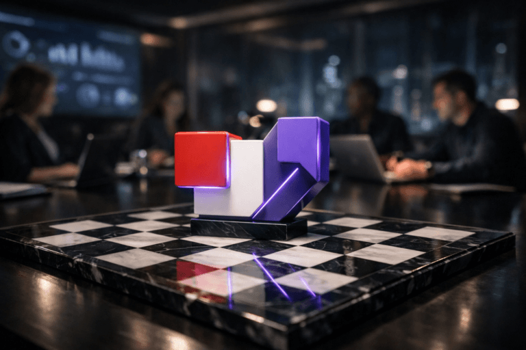 A photorealistic medium-wide cinematic shot, camera positioned approximately 1–2 meters from the subject, capturing a solid 3D Google Optimize logo sculpture as the hero object, modeled with accurate official branding and clean edges, standing upright like a strategic chess piece in the center of a glossy black-and-white marble chessboard placed on a dark conference table, the logo clearly readable and subtly accented with thin electric-purple #7B63FF light traces that suggest analytical intelligence and activity without looking sci‑fi. The object integrates subtle electric-purple accents indicating intelligence or activity without overpowering realism. Set in a modern tech-noir “war room” style corporate meeting space at night, with glass walls revealing a faint futuristic city skyline, large dimmed monitors on the walls showing softly glowing, out-of-focus analytics dashboards, and a diverse group of marketing, product, and engineering professionals in the background and periphery working around laptops and notebooks, their figures softly blurred so the logo and chessboard remain the clear focal point. Lighting is low-key and practical, coming from laptop screens, wall monitors, and a few overhead office fixtures, complemented by a soft integrated white spotlight from above and slightly to the side that gently reveals the form, reflections, and textures of the Google Optimize logo and marble chessboard, creating subtle shadows across the table and emphasizing the strategic, decision-making metaphor. Cinematic realism, natural shallow-to-medium depth of field, neutral corporate tones with restrained neon purple accents, premium materials, ultra-detailed, 8K, no captions, no text overlays, no watermarks.
