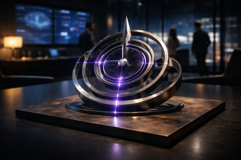 A photorealistic medium-wide cinematic shot, camera positioned approximately 1–2 meters from the subject, capturing a premium physical tabletop sculpture representing Brand Positioning: an elegant, geometric, compass-like 3D object made of brushed steel and smoked glass concentric rings, subtly inspired by isometric design, emerging from a flat oxidized steel plate with controlled rust patterns and clean beveled edges on a dark conference table, the sculpture featuring discreet electric-purple #7B63FF light traces running along its inner rings and intersections to suggest intelligence and an active brand “operating system,” all elements clearly readable within a realistic environment. The object integrates subtle electric-purple accents indicating intelligence or activity without overpowering realism. Set in a high-end Tech-Noir corporate marketing war room at night, inside a modern glass-walled office overlooking a cityscape with distant neon glows, large wall-mounted screens in the softly blurred background displaying abstract dashboards and charts without legible text, and a small group of diverse professionals in suits and smart-casual attire moving and conferring in the periphery, slightly out of focus so the sculpture remains the hero. Lighting is low-key and practical, coming from the cool glow of the wall screens, a warm desk lamp off to one side, and a soft integrated white spotlight from above that grazes the oxidized steel plate and the metallic and glass surfaces of the sculpture, gently revealing form, texture, and depth, with subtle reflections on the table. Cinematic realism, natural depth of field, 35mm lens look, premium materials, ultra-detailed, 8K, no captions, no text overlays, no watermarks.