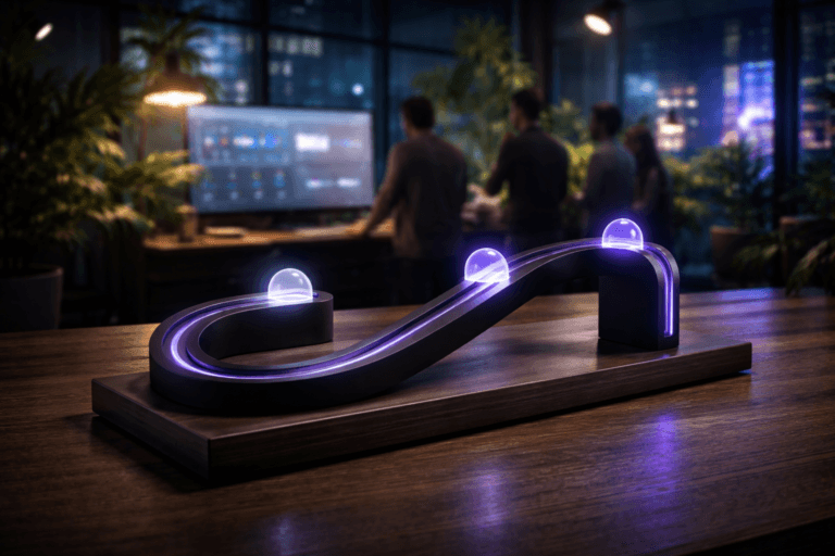 A photorealistic medium-wide cinematic shot, camera positioned approximately 1–2 meters from the subject, capturing a sleek physical desktop sculpture representing position-based attribution — a premium matte-black metal U-shaped track mounted on a dark wood base, with three translucent acrylic nodes spaced along the path, each node softly glowing at different intensities to suggest first, mid, and last touch — clearly readable within a realistic environment. The object integrates subtle electric-purple (#7B63FF) light accents along the edges of the U-track and inside the acrylic nodes, indicating intelligence and data flow without overpowering realism. Set in a glass-walled nighttime UX analytics studio that blends a rustic greenhouse-style wooden workbench with lush surrounding plants and high-end monitors in the background showing softly blurred analytics dashboards and journey maps, with a faint neon city skyline visible through the windows, cool blue ambient reflections hinting at a Tech-Noir atmosphere. Natural human presence in the background and periphery: a small, diverse group of UX designers casually collaborating around a large screen, standing and sitting in relaxed, candid postures, slightly out of focus so the sculpture remains the clear hero object. Lighting is low-key and practical, coming from overhead track lights, a warm desk lamp, and the cool glow of the monitors, complemented by a soft integrated white spotlight from the upper side that gently reveals the form, texture, and depth of the sculpture and wooden surface. Cinematic realism, natural shallow-to-medium depth of field, premium materials, subtle neon reflections, ultra-detailed, 8K, no captions, no text overlays, no watermarks.