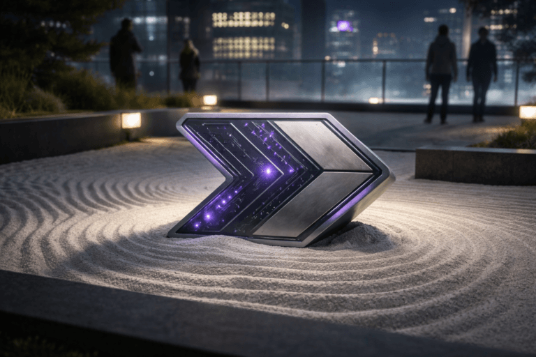A photorealistic medium-wide cinematic shot, camera positioned approximately 1–2 meters from the subject, capturing a solid 3D isometric sculpture of the official Microsoft Power Automate logo, rendered as a premium glass-and-brushed-metal object partially embedded in meticulously raked white sand, with fine engraved circuitry details and small inset LED-like elements, clearly readable within a realistic environment. The object integrates subtle electric-purple accents indicating intelligence or activity without overpowering realism. Set in a minimalist corporate rooftop zen garden at night, with white sand carefully raked into flowing wave patterns, low matte-black stone borders, glass railings, and distant neon-tinted office towers softly glowing through the haze in a tech-noir cityscape, a few diverse business professionals in suits and smart-casual attire moving quietly in the background along the terrace, slightly out of focus, with natural human presence in the background or periphery. Lighting is low-key and practical, coming from discreet ground lights along the stone borders and the ambient glow of nearby office windows, complemented by a soft integrated white spotlight from above and slightly to the side, gently revealing form, texture, and depth on the Power Automate logo sculpture and the patterns in the sand. Cinematic realism, natural depth of field, premium materials, ultra-detailed, 8K, no text, no UI, no watermarks.