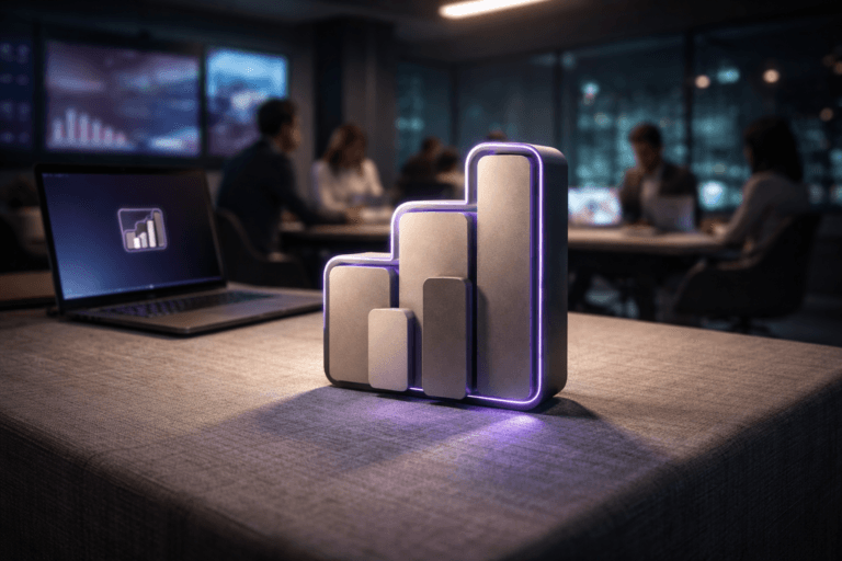 A photorealistic medium-wide cinematic shot, camera positioned approximately 1–2 meters from the subject, capturing a solid 3D isometric sculpture of the official Microsoft Power BI logo as the hero object, built from matte brushed-metal panels with premium finishes, resting firmly on a realistic woven raw-linen fabric surface, the logo clearly readable and accompanied by a smaller, softly glowing Power BI logo visible on a nearby laptop screen, all with subtle electric-purple #7B63FF edge accents and reflections indicating data intelligence and activity without overpowering realism. The object integrates seamlessly into a modern Tech-Noir marketing analytics meeting room at night, with a large conference table covered by the same natural linen, glass walls revealing faint city lights, and multiple wall-mounted monitors and laptops in the mid-background showing abstract, text-free dashboard-style charts and graphs, while a small diverse group of realistic marketing professionals in business-casual attire collaborate in soft focus around the room. Lighting is low-key and practical, coming from the screens, a warm overhead linear ceiling light, and a soft integrated white spotlight from the side that gently reveals the logo’s form, metallic texture, and the weave of the linen fabric, casting nuanced shadows and subtle neon-like purple accents across nearby surfaces. Cinematic realism, 35mm lens look at around f/2.8 with natural shallow-to-medium depth of field, neutral corporate color palette with restrained electric-purple and cool blue Tech-Noir accents, clean composition, no captions, no text overlays, no watermarks, ultra-detailed, 8K.
