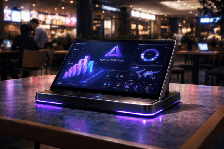 A photorealistic medium-wide cinematic shot, camera positioned approximately 1–2 meters from the subject, capturing a sleek, tangible “Power User 2025” hero device — a compact glass-and-metal analytics console resembling a high-end tablet dock with an isometric 3D dashboard interface in vibrant 3D-style panels and a minimal abstract Power User 2025 logo mark on the screen (no legible text), resting on a colorful food court table — clearly readable within a realistic environment. The object integrates subtle electric-purple #7B63FF accents in its edge lighting and UI glow, suggesting intelligence and continuous activity without overpowering realism. Set in a contemporary indoor shopping-mall food court at night with a tech-noir atmosphere: polished tables, softly reflective tile floor, blurred neon signage and digital menu boards in the background, and a few diverse professionals in the periphery working on laptops or chatting quietly, slightly out of focus. Lighting is low-key and practical, coming from overhead mall fixtures and nearby screens, complemented by a soft integrated white spotlight from above and slightly to the side of the hero device, gently revealing form, texture, and depth on the console and tabletop. Cinematic realism, natural shallow-to-medium depth of field, premium materials, subtle corporate-neutral color palette with restrained neon accents, ultra-detailed, 8K, no captions, no text overlays, no watermarks.