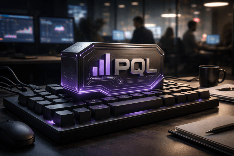 A photorealistic medium-wide cinematic shot, camera positioned approximately 1–2 meters from the subject, capturing a solid 3D isometric PQL logo as a physical sculpted object resting firmly on the keycaps of an oversized mechanical keyboard, the logo rendered with clean geometric edges, subtle product-analytics iconography and the PQL wordmark clearly visible on its front face, finished in brushed dark metal and smoked glass, clearly readable within a realistic environment. The object integrates subtle electric-purple (#7B63FF) edge lighting and faint internal glow accents running along engraved data lines and contours, indicating intelligence or activity without overpowering realism. Set in a tech-noir SaaS office at night, the giant mechanical keyboard acting as a dramatic desk centerpiece on a sleek workstation, surrounded by a mouse, notepad, pen, coffee mug and neatly routed cables, with softly blurred monitors in the background displaying abstract dashboard light, glass partitions, and a distant city skyline with muted neon reflections through the windows, with natural human presence in the background or periphery, a few diverse professionals slightly out of focus working at their laptops and talking near a glass wall. Lighting is low-key and practical, driven by monitor glow, a small desk lamp and distant ceiling fixtures, complemented by a soft integrated white spotlight from above and slightly to the side that gently sculpts the PQL logo and the mechanical keycaps, revealing form, texture and depth. Cinematic realism, neutral corporate color palette with restrained electric-purple accents, natural shallow-to-medium depth of field, premium materials, ultra-detailed, 8K, no captions, no text overlays, no watermarks.