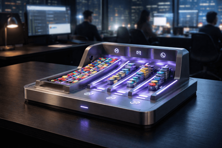 A photorealistic medium-wide cinematic shot, camera positioned approximately 1–2 meters from the subject, capturing a premium desktop kinetic sculpture representing Pré-Vendas as the hero object: a real, physically plausible brushed-metal and frosted-glass miniature conveyor-belt system on a sleek dark desk, with small colored tokens flowing from a chaotic input tray through illuminated segmented lanes into neatly organized output stacks, subtle etched icon-like symbols for email, phone and chat and clean CRM-style stage dividers, no text or real-world logos, clearly readable within a realistic environment. The object integrates subtle electric-purple (#7B63FF) LED accents along the lanes and under the glass elements, softly pulsing to indicate intelligence and automation without overpowering realism. Set in a modern Tech-Noir B2B SaaS sales operations floor at night inside a glass-walled high-rise office, panoramic windows revealing a moody futuristic cityscape with restrained neon reflections on the glass, multiple ultra-wide monitors around showing softly blurred CRM dashboards and sales funnels, and a diverse team of SDRs and account executives in the background and periphery, seated or standing in candid working poses with neutral expressions, slightly out of focus so the sculpture remains the clear focal point. Lighting is low-key and practical, with glow from computer screens, a desk lamp and city lights, complemented by a soft integrated white spotlight from above and slightly to the side, gently revealing the form, texture and depth of the sculpture and desk surface. Cinematic realism, natural shallow-to-medium depth of field shot on a 35mm lens, premium materials, subtle tech-noir color palette of cool neutrals with electric-purple accents, ultra-detailed, 8K, no captions, no text overlays, no watermarks.