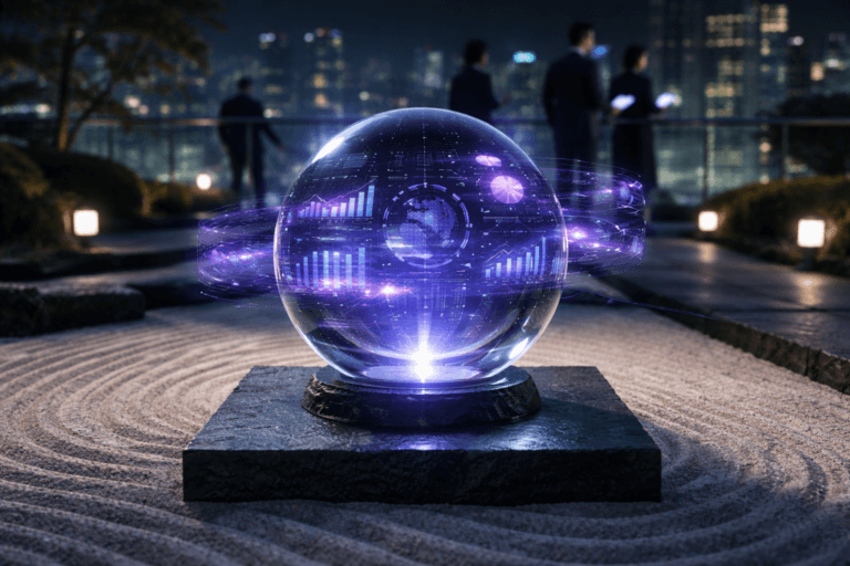 A photorealistic medium-wide cinematic shot, camera positioned approximately 1–2 meters from the subject, capturing a sleek transparent futuristic crystal sphere resting on a dark stone pedestal in meticulously raked white sand, the sphere projecting semi-transparent holographic predictive-analytics dashboards, KPI graphs and flowing data streams in the air above it, all clearly readable within a realistic environment. The object integrates subtle electric-purple (#7B63FF) accents in the holographic lines and internal glow indicating intelligence or activity without overpowering realism. Set in a nighttime corporate rooftop zen garden with white sand groomed in gentle wave patterns, minimalist black stone borders, glass railings and a distant panoramic view of a modern city with soft neon reflections, with a few diverse business professionals in suits walking and conversing along a stone path in the background, softly out of focus and holding tablets that emit a faint data glow. Lighting is low-key and practical, coming from discrete ground lights, the cityscape and device screens, complemented by a soft integrated white spotlight from above and slightly to the side, gently revealing the glass sphere’s reflections, the texture of the sand and stone, and the holographic forms with natural depth and contrast. Cinematic realism, natural depth of field, premium materials, ultra-detailed, 8K, no text, no captions, no watermarks.