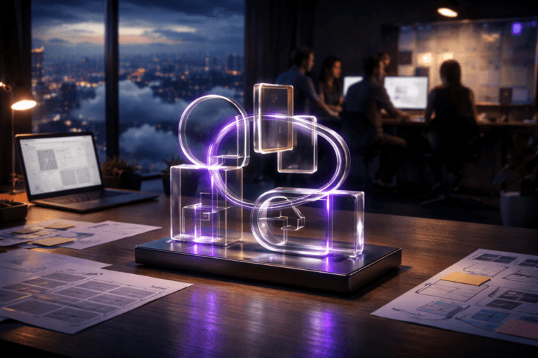 A photorealistic medium-wide cinematic shot, camera positioned approximately 1–2 meters from the subject, capturing a polished acrylic and glass desktop sculpture that physically represents Gestalt principles in UX — interlocking translucent geometric shapes arranged in clear clustered groups and flowing continuous lines — clearly readable within a realistic environment. The object integrates subtle electric-purple (#7B63FF) accents indicating intelligence or activity without overpowering realism, with gentle inner edge glows and small reflected highlights on its surfaces. Set in a dimly lit tech-noir UX design studio at night, high above the city, with floor-to-ceiling windows revealing a modern skyline and layers of soft cumulus clouds drifting below, a clean dark wooden desk covered with UX wireframes, printed user flows, sticky notes, and a sleek laptop showing a minimalist interface layout, and a diverse group of designers softly blurred in the background collaborating around large monitors and a glass whiteboard. Lighting is low-key and practical, coming from computer screens, a warm desk lamp, and the cool city glow, complemented by a soft integrated white spotlight from above or the side, gently revealing form, texture, and depth. Cinematic realism, neutral greys and deep blues with restrained neon purple accents, natural depth of field, premium materials, ultra-detailed, 8K, no text, no captions, no watermarks.