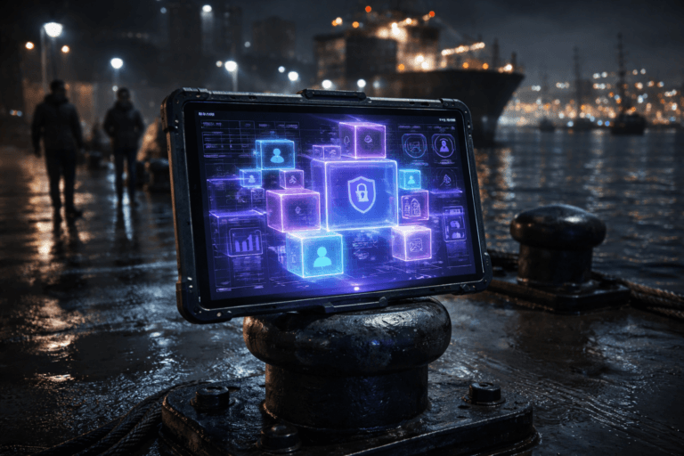 A photorealistic medium-wide cinematic shot, camera positioned approximately 1–2 meters from the subject, capturing a rugged tablet computer firmly mounted on a steel ship-mooring bollard, projecting a semi-transparent 3D data-privacy dashboard made of neatly organized, color-coded glass-like data cubes in an advanced geometric configuration, highly detailed and clearly readable as the central analytic interface within a realistic environment. The object integrates subtle electric-purple (#7B63FF) accents glowing along the edges of the cubes and interface lines, indicating intelligence and continuous data activity without overpowering realism. Set in a rainy commercial harbor pier at night, with wet concrete, solid mooring bollards, dark water, distant container ships and cranes, and a softly glowing city skyline in the background, reflections of harbor lights and screens shimmering on the ground, with a few diverse professionals in discreet safety gear and smart-casual attire observing the holographic dashboard from the background and periphery, slightly out of focus. Lighting is low-key and practical, coming from overhead industrial lamps, nearby ship lights, and the cool glow of the tablet and cubes, complemented by a soft integrated white spotlight from the side that gently reveals the form, texture, and depth of the tablet, bollard, and holographic cubes. Cinematic realism, natural shallow-to-medium depth of field, premium materials, crisp reflections, atmospheric harbor mist, ultra-detailed, 8K, no captions, no text overlays, no watermarks.