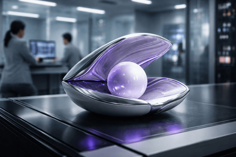 A photorealistic medium-wide cinematic shot, camera positioned approximately 1–2 meters from the subject, capturing a meticulously crafted real-world hero object: a polished stylized open shell made of white ceramic and brushed metal, about the size of a small bowl, resting on a sleek black glass workstation, with a flawless softly glowing pearl-like data core at its center, subtle electric-purple #7B63FF accents threading through fine circuitry lines on the pearl to suggest secure, intelligent AI data privacy, clearly readable within a realistic environment. The object integrates subtle electric-purple accents indicating intelligence or activity without overpowering realism. Set in a high-security corporate AI cleanroom inside a modern tech headquarters, with glossy white walls, glass partitions, faint reflections from distant server racks and wall-mounted data dashboards, stainless-steel details, and a few diverse professionals in lab coats and business-casual attire working at semi-transparent screens and consoles in the softly blurred background and periphery, their posture candid and focused. Lighting is low-key and practical despite the sterile setting, combining bright overhead white panels with cooler ambient spill from monitors and a gentle, integrated white spotlight from above and slightly to the side that sculpts the shell and pearl, revealing fine texture, reflections, and depth while letting the background fall slightly into shadow. Cinematic realism, 35mm lens look, natural shallow-to-medium depth of field, premium materials, subtle Tech-Noir mood with cool neutral corporate tones and restrained neon purple accents, ultra-detailed, 8K, no captions, no text overlays, no watermarks.