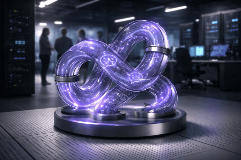 A photorealistic medium-wide cinematic shot, camera positioned approximately 1–2 meters from the subject, capturing a sleek physical tabletop sculpture representing Natural Language Processing: a premium 3D object made of interlocking translucent glass-like panels and thin brushed-metal bands arranged like a looping assembly line, with subtle etched symbols and tiny flowing particle trails, softly edged with electric purple highlights (#7B63FF), clearly readable as the hero object within a realistic environment. The object integrates subtle electric-purple accents indicating intelligence or activity without overpowering realism. Set in a modern tech-noir operations room built on a white raised technical floor with perforated cooling tiles, surrounded by dark server racks and a few minimalist operator desks with large monitors showing abstract, non-legible data visualizations, with natural human presence in the background or periphery: a small, diverse group of professionals in smart-casual attire walking and collaborating, softly out of focus so the sculpture remains dominant. Lighting is low-key and practical, coming from overhead grid fixtures, server LEDs, and monitor glow, complemented by a soft integrated white spotlight from the side that gently reveals the sculpture’s form, texture, and depth and casts a clean shadow across the perforated floor. Cinematic realism, subtle tech-noir mood, neutral corporate tones with restrained electric-purple and cool cyan accents, natural shallow-to-medium depth of field, premium materials, ultra-detailed, 8K, no captions, no text overlays, no watermarks.