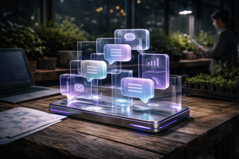 A photorealistic medium-wide cinematic shot, camera positioned approximately 1–2 meters from the subject, capturing a finely crafted real-world glass-and-metal tabletop sculpture that physically embodies communication processes: interlocking translucent panels and soft-edged speech-bubble shapes arranged like a clean, isometric 3D flow diagram, with subtle engraved icons suggesting messages, channels, and metrics, inspired by playful isometric 3D design and soft gradient colors but rendered as a solid, premium object, resting on a rustic wooden greenhouse workbench, clearly readable within a realistic environment. The object integrates subtle electric-purple #7B63FF accents along its edges and internal LED-like glow lines, indicating intelligence and activity without overpowering realism. Set in a nocturnal Tech-Noir greenhouse studio: a glass-walled urban greenhouse with a weathered wooden workbench surrounded by lush green plants in pots and trays, faint reflections of distant city lights on the glass, a slim laptop and scattered printed flowcharts on the bench hinting at strategic communication planning, with a diverse, casually dressed professional in the background slightly out of focus, reviewing a tablet or tending to the plants, providing natural human presence in the periphery. Lighting is low-key and practical, coming from small task lamps, the laptop screen, and discreet overhead fixtures, complemented by a soft integrated white spotlight from above, gently revealing the sculpture’s form, texture, and depth, with restrained neon purple and teal reflections adding a subtle Tech-Noir atmosphere. Cinematic realism, 35mm lens look, natural shallow-to-medium depth of field, premium materials, ultra-detailed, 8K, no captions, no text overlays, no watermarks.