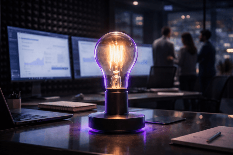 A photorealistic medium-wide cinematic shot, camera positioned approximately 1–2 meters from the subject, capturing a single incandescent lightbulb glowing intensely with crisp glass and filament detail, mounted on a sleek matte-black desktop base in front of a dark gray acoustic foam egg-crate wall, subtly symbolizing the Product-Activated User moment of value, clearly readable within a realistic environment. The object integrates subtle electric-purple (#7B63FF) accents indicating intelligence or activity without overpowering realism, appearing as a faint neon rim light around the bulb and soft reflections along the stand and nearby surfaces. Set in a modern Tech-Noir B2B SaaS product analytics war room, with the dark acoustic foam wall behind, large curved monitors on a glass desk displaying softly blurred product dashboards and activation funnels, scattered notebooks, pens, and laptops, and a small group of diverse product managers and UX researchers collaborating in the softly out-of-focus background, in a high-rise office at night with hints of city lights and monitor glow. Lighting is low-key and practical, coming from the monitors and a few desk lamps, complemented by a soft integrated white spotlight from above and slightly to the side of the bulb, gently revealing form, texture, and depth in the glass, metal, and acoustic foam. Cinematic realism, natural shallow-to-medium depth of field, premium materials, ultra-detailed, 8K, neutral corporate color palette with restrained electric-purple accents, no text, no watermarks.