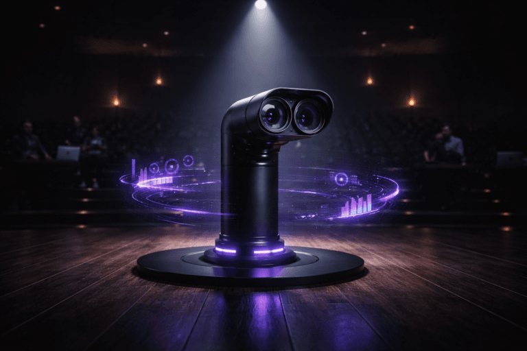 A photorealistic medium-wide cinematic shot, camera positioned approximately 1–2 meters from the subject, capturing a sleek, submarine-style periscope emerging from a matte black circular platform at the center of a dark wooden theater stage, its lenses and metal housing ultra-detailed and clearly readable, with subtle semi-transparent data visualizations and flowing event-stream lines orbiting the periscope in soft electric purple #7B63FF accents that suggest intelligent product analytics activity without overpowering realism. The object integrates these subtle electric-purple highlights along its base and around the projected graphs, indicating intelligence and real-time insight while maintaining a grounded, physical presence. Set in a moody, tech-noir theater environment: a dark wooden stage under a single focused overhead spotlight, the rest of the auditorium fading into deep shadow, rows of seats barely visible, with a few diverse product and data professionals watching from the dim periphery, lit only by the faint glow of laptop screens and minimal aisle lights with restrained neon reflections. Lighting is low-key and practical, combining the strong white spotlight from above with soft ambient spill from the screens to gently reveal form, texture, and depth on the periscope and stage while keeping the background atmospheric and mysterious. Cinematic realism, natural shallow-to-medium depth of field, 35mm lens look, premium materials, ultra-detailed, 8K, no captions, no on-screen text, no logos, no watermarks.