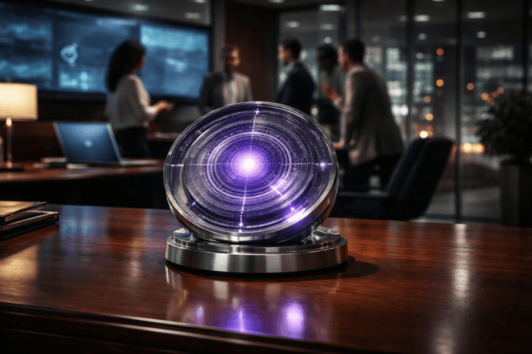 A photorealistic medium-wide cinematic shot, camera positioned approximately 1–2 meters from the subject, capturing a sleek physical “Product Discovery compass” desk sculpture — a premium circular glass-and-brushed-metal object with concentric translucent rings, subtle engraved data-like graphs and directional arrows, and a softly glowing electric-purple #7B63FF core — clearly readable as the hero object on a polished mahogany executive desk with a subtle mirror-like reflection. The object integrates subtle electric-purple accents indicating intelligence or activity without overpowering realism. Set in a dimly lit executive marketing war room at night, with neutral corporate tones, glass walls revealing blurred city lights and softly glowing screens, large wall-mounted monitors showing out-of-focus analytics dashboards, and a small diverse group of marketing and product professionals in smart-casual attire collaborating in the background, naturally posed and slightly out of focus to keep emphasis on the sculpture. Lighting is low-key and practical, coming from desk lamps, screens, and city glow, complemented by a soft integrated white spotlight from above and slightly to the side, gently revealing form, texture, and depth of the compass sculpture and the polished wood grain of the desk. Cinematic realism, 35mm lens look, natural shallow-to-medium depth of field, premium materials, subtle Tech-Noir mood with restrained neon reflections, ultra-detailed, 8K, no captions, no readable text, no watermarks.