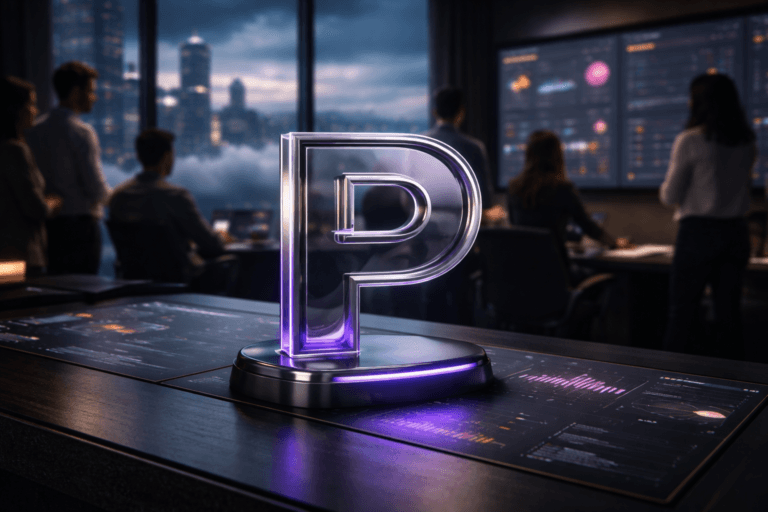A photorealistic medium-wide cinematic shot, camera positioned approximately 1–2 meters from the subject, capturing a sleek real-world Product Hunt hero object: a premium glass-and-metal desktop sculpture shaped like the official Product Hunt “P” logo, softly backlit and seated on a dark, high-end analytics console with subtle abstract charts and graphs glowing on embedded screens, the logo clearly readable yet tastefully integrated into the scene. The object integrates subtle electric-purple #7B63FF accents along its base, edges, and reflected in nearby interface light, suggesting intelligence and real-time activity without overpowering the natural materials or realistic lighting. Set in a tech-noir high-rise marketing war room at night, with floor-to-ceiling windows revealing a futuristic city skyline rising above a layer of softly illuminated cumulus clouds, and a wall of large, slightly out-of-focus monitors displaying abstract marketing metrics dashboards in muted neutrals with orange and electric-purple highlights. A diverse team of realistic marketing professionals in smart-casual attire appears in the background and periphery, gathered around the screens, standing and seated in candid collaborative poses with neutral, focused expressions, softly blurred so the Product Hunt sculpture remains the hero. Lighting is low-key and practical, coming from the glow of dashboards, desk lamps, and city lights, complemented by a soft integrated white spotlight from above and slightly to the side of the sculpture, gently revealing form, texture, and depth on the logo, console, and surrounding objects. Cinematic realism, 35mm lens look, natural shallow-to-medium depth of field, subtle filmic contrast, neutral corporate palette with restrained neon accents, premium materials, ultra-detailed, 8K, no captions, no readable text, no watermarks.