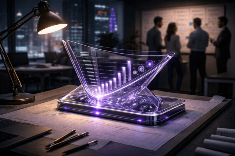 A photorealistic medium-wide cinematic shot, camera positioned approximately 1–2 meters from the subject, capturing a sleek, desk-sized translucent acrylic control console shaped like a stylized growth funnel and airplane cockpit dashboard, a physical hero sculpture embodying Product-Led Growth, with layered clear panels, embedded metric bars, circular dials and rising graph-like light strips, all cleanly machined with premium materials and subtle electric-purple (#7B63FF) LED accents running along edges and indicators, clearly readable atop an architect’s tilted drafting table. The object integrates subtle electric-purple accents indicating intelligence or activity without overpowering realism, with gentle animated-looking glows inside the acrylic and faint reflections on the drafting table surface. Set in a modern Tech-Noir SaaS product workspace at night: the inclined drawing desk with an articulated architect’s lamp in the foreground, scattered pencils, tracing paper, and a closed laptop nearby; in the softly blurred background, a glass wall reveals a city skyline with cool blue and purple neon reflections, and a few diverse product managers and designers in business-casual attire collaborate around a standing desk and wall of pinned wireframes, their faces neutral and candid. Lighting is low-key and practical, with the warm pool of light from the articulated desk lamp, cool ambient spill from distant monitors, and a soft integrated white spotlight from above and slightly to the side, gently revealing the console’s form, texture, and depth, casting sharp yet controlled shadows across the drafting table. Cinematic realism, natural shallow-to-medium depth of field, 35mm lens feel, ultra-detailed surfaces and reflections, premium office materials, subtle Tech-Noir color palette of neutral grays, deep blues, and restrained electric-purple accents, 8K, no text, no watermarks.