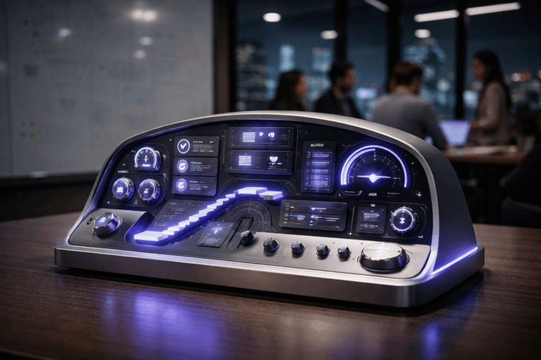 A photorealistic medium-wide cinematic shot, camera positioned approximately 1–2 meters from the subject, capturing a sleek, stylized physical control-panel sculpture representing product-led onboarding — a compact airplane cockpit–inspired dashboard fused with a SaaS analytics console, built as a premium desktop object in brushed metal and matte glass, with layered dials, icon-like checklist symbols without legible text, miniature abstract screens, and smooth pathways guiding from start to value, accented by delicate electric-purple #7B63FF edge lighting indicating intelligence and activity — clearly readable within a realistic environment. The object integrates subtle electric-purple accents indicating intelligence or activity without overpowering realism. Set in a modern B2B SaaS product team war room, a glass-walled corporate meeting room at night next to a large frameless glass whiteboard with faint, partially erased multicolored marker sketches of funnels, charts, and interface boxes (no legible text), overlooking a softly blurred city skyline with cool blue and purple tech-noir reflections, with a diverse group of product managers and engineers in smart-casual attire naturally interacting and slightly out of focus in the background and periphery. Lighting is low-key and practical, coming from overhead office fixtures, laptop and monitor glow, and city lights, complemented by a soft integrated white spotlight from above and slightly to the side of the sculpture, gently revealing form, texture, and depth. Cinematic realism, natural shallow-to-medium depth of field, 35mm lens look, neutral corporate tones with restrained neon purple accents, premium materials, ultra-detailed, 8K, no captions, no UI text overlays, no brand logos, no watermarks.