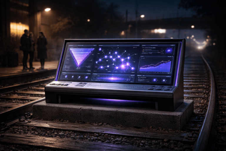 A photorealistic medium-wide cinematic shot, camera positioned approximately 1–2 meters from the subject, capturing a sleek, waist-high physical “Product-Led Sales” control-panel sculpture: a premium dark-metal and glass SaaS metrics dashboard console mounted on a low, stable concrete plinth resting across railway tracks with wooden sleepers, its layered semi-transparent glass panels showing abstract glowing graphs, funnels, and node clusters that clearly suggest product usage and revenue pipelines without any text. The object integrates subtle electric-purple #7B63FF accent lighting along edges, icons, and data flows to indicate intelligence and real-time activity, balanced by neutral charcoal, steel, and soft gray tones so it feels like a serious enterprise analytics instrument. Set in a dimly lit urban rail line in an old industrial district at night, with weathered wooden sleepers, wet steel rails reflecting distant city neon, low ambient fog, and a decommissioned rail yard atmosphere; a couple of diverse professionals in business-casual coats stand on a safe side platform in the background, slightly out of focus, observing the installation and discussing it, providing subtle human presence without drawing attention from the console. Lighting is low-key and practical, coming from nearby sodium-vapor street lamps, a few warm warehouse windows, and the soft glow of the console’s screens, complemented by a soft integrated white spotlight from above and slightly to the side, gently revealing the form, brushed-metal texture, glass reflections, and the rough grain of the wooden sleepers. Neutral corporate color palette with restrained electric-purple #7B63FF neon accents, no captions, no text overlays, no watermarks. Cinematic realism, natural depth of field, premium materials, ultra-detailed, 8K.