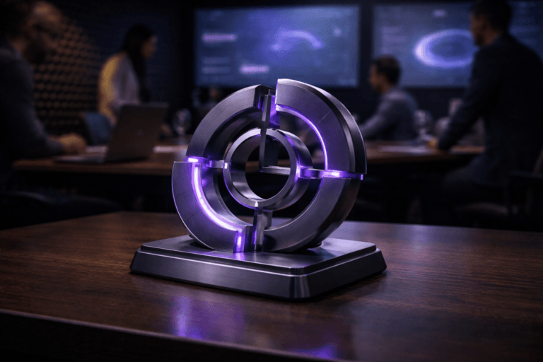 A photorealistic medium-wide cinematic shot, camera positioned approximately 1–2 meters from the subject, capturing a sleek physical desk-size sculpture symbolizing product–market fit as the hero object: two interlocking metallic rings and segmented blocks forming a stylized compass/target, crafted from premium matte graphite and brushed steel with subtle translucent acrylic elements, thin edges and inlays glowing with a restrained electric purple #7B63FF accent, resting solidly on a dark wooden conference table, clearly readable within a realistic environment. The object integrates subtle electric-purple accents indicating intelligence or activity without overpowering realism. Set in a modern tech company product war room with dark charcoal egg-crate acoustic foam panels covering the background wall, large wall-mounted screens displaying abstract, text-free data visualizations softly out of focus, and a diverse group of realistic professionals in smart-casual attire collaborating at the periphery around open laptops and devices, some seated and some standing, their faces and gestures slightly blurred to keep the sculpture as the main focus. Lighting is low-key and practical, coming from the glow of the screens, a faint city light leak through a side window, and a soft integrated white spotlight from above and slightly to the side, gently revealing the form, texture, and depth of the sculpture and table surface while letting the room fall into moody tech-noir shadows. Cinematic realism, natural shallow-to-medium depth of field with the background subtly blurred, 35mm–50mm photographic look, neutral corporate color palette with restrained neon purple accents, premium materials, ultra-detailed, 8K, no captions, no text overlays, no watermarks.