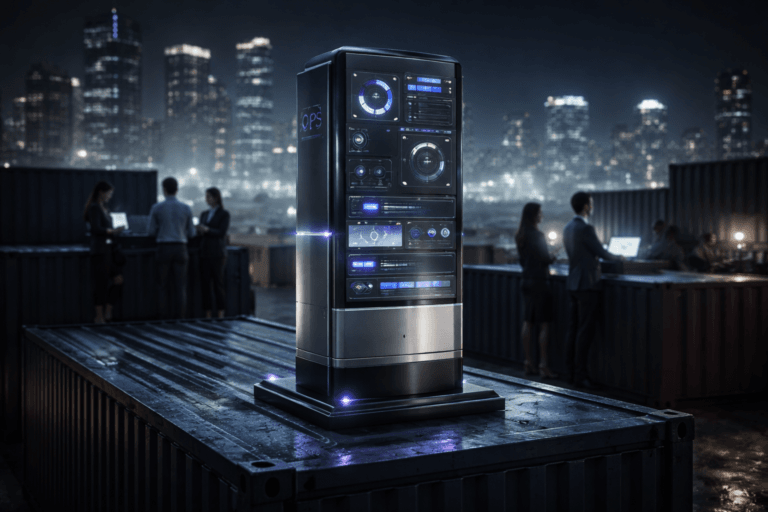 A photorealistic medium-wide cinematic shot, camera positioned approximately 1–2 meters from the subject, capturing a sleek physical “Product Ops” control-tower sculpture — a waist-high glass-and-brushed-metal monolith made of stacked dashboard-like panels, circular rings, and data nodes, solidly mounted on top of a corrugated shipping container in deep red or blue, with clean geometric lines and premium finishes — clearly readable within a realistic environment. The object integrates subtle electric-purple accents indicating intelligence or activity without overpowering realism. Set in a nighttime urban container yard rooftop of stacked cargo containers overlooking a modern city skyline, damp metal surfaces gently reflecting teal and electric-purple ambient light, with a small group of diverse product and operations professionals in smart-casual attire gathered on adjacent containers or at ground level reviewing dashboards on laptops and tablets in the background or periphery. Lighting is low-key and practical, complemented by a soft integrated white spotlight from above or the side, gently revealing form, texture, and depth. Cinematic realism, natural depth of field, premium materials, ultra-detailed, 8K, neutral corporate color palette with restrained neon accents, subtle Tech-Noir mood, no text, no captions, no watermarks.