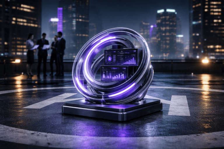 A photorealistic medium-wide cinematic shot, camera positioned approximately 1–2 meters from the subject, capturing a sleek, desk-sized physical 3D sculpture representing a Product Owner’s “metric compass” — interlocking geometric acrylic rings and stacked dashboard-like panels with clean isometric-inspired geometry, resting at the center edge of a rooftop helipad, the painted “H” marking clearly visible on the concrete — clearly readable within a realistic environment. The object integrates subtle electric-purple (#7B63FF) accents along its edges and inner rings, as if softly illuminated from within to indicate intelligence and constant data activity, without overpowering realism. Set in a Tech-Noir rooftop helipad environment at night atop a modern corporate high-rise, with a rain-slick concrete surface reflecting city lights, a futuristic skyline of glass towers and distant neon signage in purple and teal tones, and a small diverse group of professionals in business-casual attire in the mid-background, slightly out of focus, gathered near the helipad edge looking at laptops and tablets as if in a performance “war room” for product metrics and campaigns. Lighting is low-key and practical, coming from nearby rooftop fixtures, faint city glow and device screens, complemented by a soft integrated white spotlight from above and slightly to the side that gently sculpts the sculpture’s form, revealing premium materials, crisp edges, and fine texture on the helipad surface, with natural shallow-to-medium depth of field, shot on a 35mm lens. Cinematic realism, subtle Tech-Noir mood, neutral corporate palette with restrained neon purple accents, ultra-detailed, 8K, no text, no UI overlays, no watermarks.