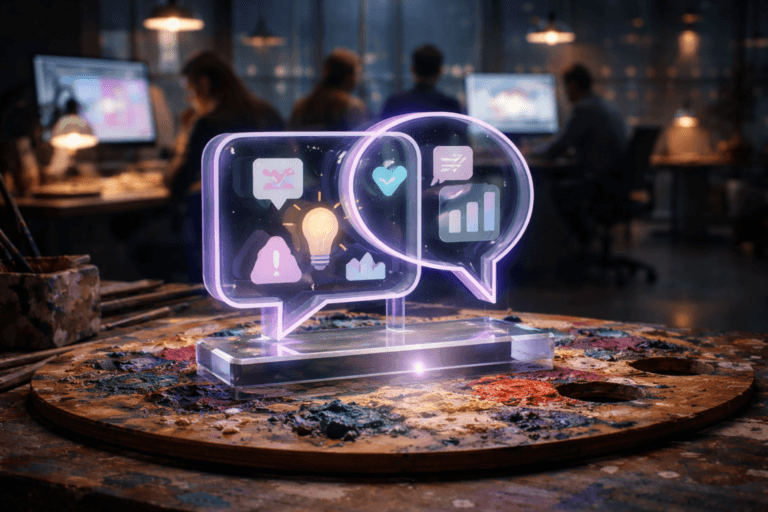 A photorealistic medium-wide cinematic shot, camera positioned approximately 1–2 meters from the subject, capturing a tangible desk-sized acrylic sculpture that physically embodies clear product communication — interlocking speech bubbles and simple geometric icons arranged in a playful isometric composition, with semi-translucent panels in soft neutral tones and subtle electric-purple #7B63FF accents along the edges and inner glow lines — resting solidly on a large, well-worn wooden artist’s palette thick with colorful dried oil paints and fresh smears of pigment, clearly readable within a realistic environment. The object integrates subtle electric-purple accents indicating intelligence or activity without overpowering realism. Set in a modern creative studio at night that blends analog art and digital work: the paint-splattered worktable in the foreground, blurred in the background a diverse group of professionals in smart-casual attire collaborating around large monitors displaying abstract dashboards and interface elements, tall windows hinting at a moody city skyline with soft neon reflections, cables, laptops and office chairs completing the scene. Lighting is low-key and practical, coming from desk lamps and monitor glow, complemented by a soft integrated white spotlight from above and slightly to the side, gently revealing the sculpture’s glossy acrylic surfaces, the rough texture of the paint on the palette, and the surrounding workspace. Cinematic realism, natural shallow-to-medium depth of field isolating the sculpture as the hero object, premium materials, ultra-detailed, 8K, no text, no captions, no watermarks.