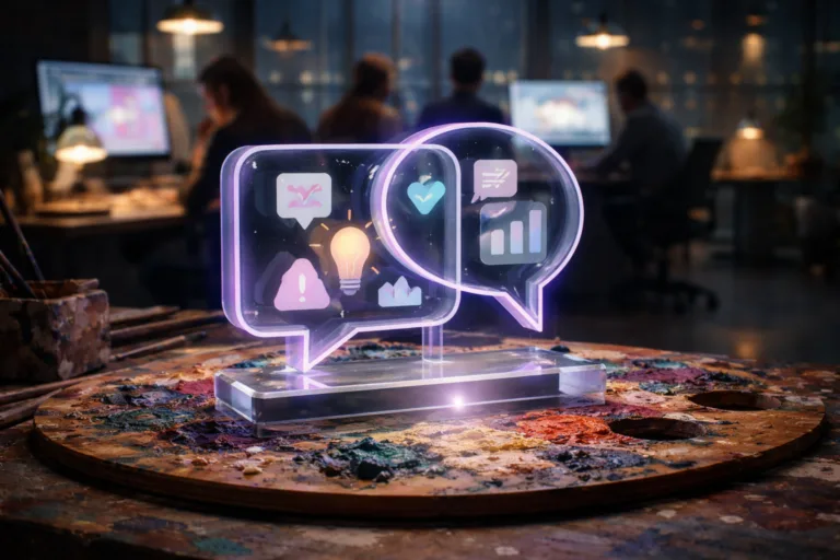 A photorealistic medium-wide cinematic shot, camera positioned approximately 1–2 meters from the subject, capturing a tangible desk-sized acrylic sculpture that physically embodies clear product communication — interlocking speech bubbles and simple geometric icons arranged in a playful isometric composition, with semi-translucent panels in soft neutral tones and subtle electric-purple #7B63FF accents along the edges and inner glow lines — resting solidly on a large, well-worn wooden artist’s palette thick with colorful dried oil paints and fresh smears of pigment, clearly readable within a realistic environment. The object integrates subtle electric-purple accents indicating intelligence or activity without overpowering realism. Set in a modern creative studio at night that blends analog art and digital work: the paint-splattered worktable in the foreground, blurred in the background a diverse group of professionals in smart-casual attire collaborating around large monitors displaying abstract dashboards and interface elements, tall windows hinting at a moody city skyline with soft neon reflections, cables, laptops and office chairs completing the scene. Lighting is low-key and practical, coming from desk lamps and monitor glow, complemented by a soft integrated white spotlight from above and slightly to the side, gently revealing the sculpture’s glossy acrylic surfaces, the rough texture of the paint on the palette, and the surrounding workspace. Cinematic realism, natural shallow-to-medium depth of field isolating the sculpture as the hero object, premium materials, ultra-detailed, 8K, no text, no captions, no watermarks.