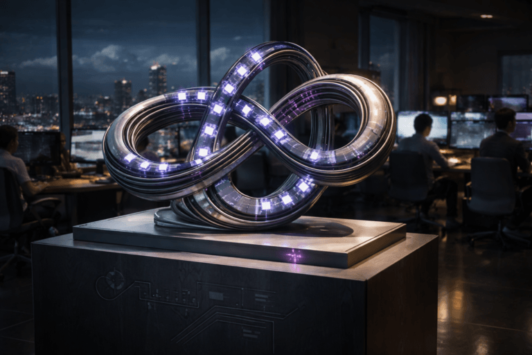 A photorealistic medium-wide cinematic shot, camera positioned approximately 1–2 meters from the subject, capturing a sleek physical sculpture representing reactive programming: an elegant looping conveyor-belt–like structure in brushed aluminum and dark glass, forming interconnected streams and nodes, each node shown as small translucent blocks with subtle flowing light trails that suggest asynchronous data, backpressure, and parallel event streams, mounted on a minimalist pedestal with abstract tech iconography but no readable text, clearly readable within a realistic environment. The object integrates subtle electric-purple accents indicating intelligence or activity without overpowering realism, with pulses of electric purple light running along some of the paths amid cooler blue and neutral tones. Set in a dimly lit top-floor fintech office at night in a major city, with floor-to-ceiling glass walls revealing a distant skyline and soft cumulus clouds below the building, faintly illuminated by urban glow, while in the background a small, diverse group of software engineers and QA professionals work at modern desks with large curved monitors showing abstract dashboards and graphs, their posture candid and focused. Lighting is low-key and practical, coming from the city lights outside, desk lamps, and monitor glow, complemented by a soft integrated white spotlight from above that gently reveals the sculpture’s form, texture, and depth, casting clean reflections on polished dark flooring and subtle shadows on nearby furniture. Cinematic realism, natural depth of field, premium materials, ultra-detailed, 8K, neutral corporate color palette with restrained neon tech-noir accents, no captions, no text overlays, no watermarks.