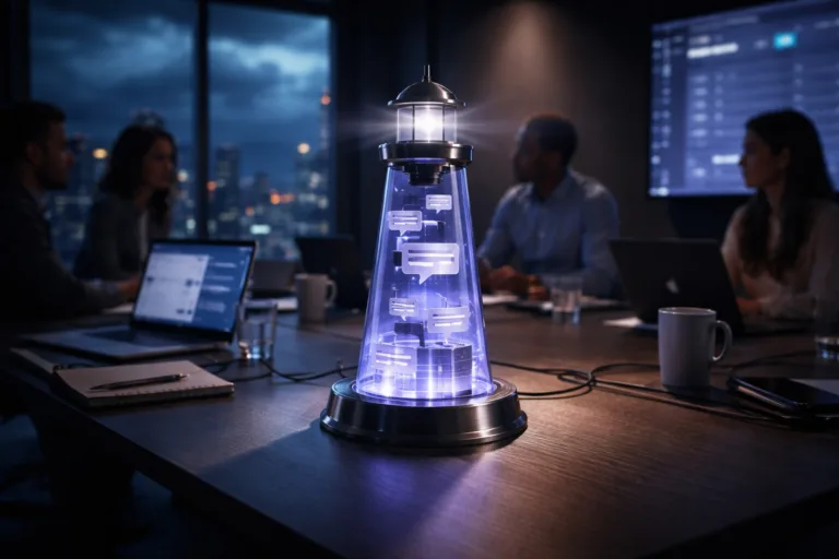 A photorealistic medium-wide cinematic shot, camera positioned approximately 1–2 meters from the subject, capturing a sleek, physically plausible “clarity of communication” totem: a transparent glass and brushed-metal lighthouse-shaped desk sculpture resting on a modern conference table, its interior formed by layered speech bubbles, conversation threads, and subtle UI-style panels arranged in clean geometric planes, clearly readable and symbolizing structured communication programs inside a company. The object integrates subtle electric-purple accents indicating intelligence or activity without overpowering realism. Set in a high-floor corporate meeting room at night in a fast-growing tech company, with floor-to-ceiling windows revealing a moody city skyline and low-lying cumulus clouds softly lit by distant neon, large wall screens and open laptops displaying organized dashboards and messaging flows, and a diverse group of professionals from leadership, HR, and marketing collaborating around the table in smart-casual attire, naturally posed and slightly out of focus, notebooks, pens, coffee cups, and cables adding a believable, lived-in tech-noir workspace atmosphere. Lighting is low-key and practical, coming from screens, a ceiling fixture, and city glow, complemented by a soft integrated white spotlight from the side gently revealing the form, texture, and depth of the lighthouse sculpture. Cinematic realism, natural depth of field, premium materials, ultra-detailed, 8K, no text, no captions, no watermarks.
