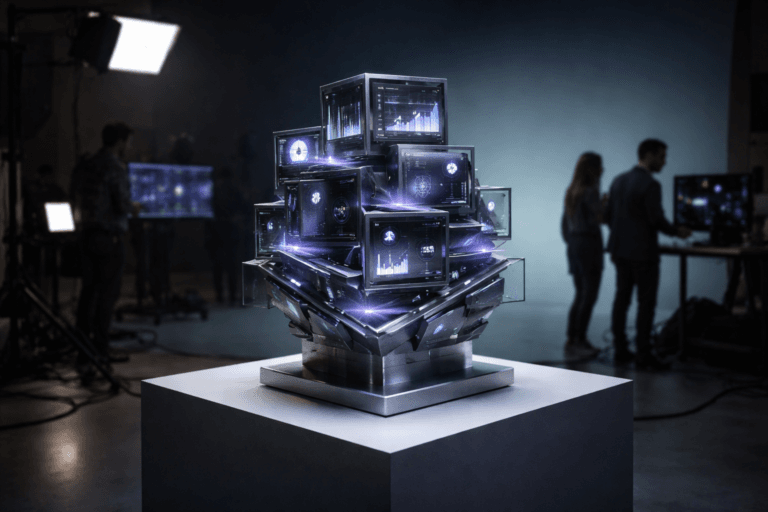 A photorealistic medium-wide cinematic shot, camera positioned approximately 1–2 meters from the subject, capturing a sleek physical 3D sculpture representing programmatic advertising as the hero object: a semi-transparent glass and brushed-metal “media control tower” composed of stacked, isometric, dashboard-like panels and geometric modules, embedded with tiny screen-like surfaces and data nodes interconnected by fine metallic lines, resting on a minimalist pedestal in the center of a professional studio floor, clearly readable within a realistic environment. The object integrates subtle electric-purple accents (#7B63FF) along the connections and as a faint internal glow, indicating intelligence and continuous data activity without overpowering realism. Set in a real-world Tech-Noir photography studio with a seamless colored infinity cyclorama backdrop softly fading from charcoal gray to cool teal and purple tones, studio light stands, softboxes, cables and a couple of large monitors partially visible, with natural human presence in the background and periphery: a small, diverse group of marketing professionals and a photographer, softly out of focus, discussing data visuals on a monitor and adjusting equipment while remaining secondary to the sculpture. Lighting is low-key and practical, coming from realistic studio softboxes and screens, complemented by a soft integrated white spotlight from above and slightly to the side of the sculpture, gently revealing form, texture, glass reflections and brushed-metal details while letting the background fall into subtle shadow. Cinematic realism, 35mm–50mm lens look, natural depth of field with the hero object in crisp focus and the humans slightly blurred, neutral corporate palette with restrained neon accents, premium materials, ultra-detailed, 8K, no text, no logos, no captions, no watermarks.