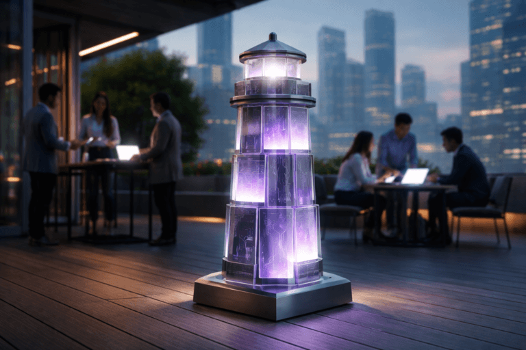 A photorealistic medium-wide cinematic shot, camera positioned approximately 1–2 meters from the subject, capturing a sleek physical sculpture representing Progressive Web Apps as the hero object: a one-meter-tall glass-and-brushed-metal lighthouse composed of stacked, interlocking translucent smartphone screens and browser-window panels, standing solidly on a wooden deck, with clean geometric edges and subtle electric-purple (#7B63FF) circuitry lines pulsing inside the glass to suggest live digital activity, clearly readable within a realistic environment. The object integrates subtle electric-purple accents indicating intelligence or activity without overpowering realism, its surfaces reflecting the surrounding scene with precise highlights and shadows. Set in a contemporary corporate rooftop terrace with a wooden deck at early dawn, overlooking a hazy futuristic city skyline with soft blue ambient glow and restrained neon reflections in distant glass buildings, with natural human presence in the background and periphery: a small, diverse group of realistic professionals in modern business-casual outfits, candidly collaborating around low outdoor tables with laptops and tablets, some standing, some seated, their screens emitting cool light, all slightly out of focus to keep the sculpture as the clear focal point. Lighting is low-key and practical, combining the cool ambient pre-sunrise sky with subtle illumination from nearby device screens and slim architectural strip lights, complemented by a soft integrated white spotlight from the upper side gently revealing the sculpture’s form, texture, and depth, casting a clean, defined shadow across the deck. Cinematic realism, 35mm lens, eye-level perspective, natural shallow-to-medium depth of field, neutral corporate tones with restrained neon purple and teal accents, crisp reflections, premium materials, ultra-detailed surfaces, 8K, no captions, no text overlays, no watermarks.