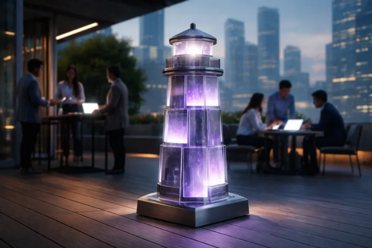 A photorealistic medium-wide cinematic shot, camera positioned approximately 1–2 meters from the subject, capturing a sleek physical sculpture representing Progressive Web Apps as the hero object: a one-meter-tall glass-and-brushed-metal lighthouse composed of stacked, interlocking translucent smartphone screens and browser-window panels, standing solidly on a wooden deck, with clean geometric edges and subtle electric-purple (#7B63FF) circuitry lines pulsing inside the glass to suggest live digital activity, clearly readable within a realistic environment. The object integrates subtle electric-purple accents indicating intelligence or activity without overpowering realism, its surfaces reflecting the surrounding scene with precise highlights and shadows. Set in a contemporary corporate rooftop terrace with a wooden deck at early dawn, overlooking a hazy futuristic city skyline with soft blue ambient glow and restrained neon reflections in distant glass buildings, with natural human presence in the background and periphery: a small, diverse group of realistic professionals in modern business-casual outfits, candidly collaborating around low outdoor tables with laptops and tablets, some standing, some seated, their screens emitting cool light, all slightly out of focus to keep the sculpture as the clear focal point. Lighting is low-key and practical, combining the cool ambient pre-sunrise sky with subtle illumination from nearby device screens and slim architectural strip lights, complemented by a soft integrated white spotlight from the upper side gently revealing the sculpture’s form, texture, and depth, casting a clean, defined shadow across the deck. Cinematic realism, 35mm lens, eye-level perspective, natural shallow-to-medium depth of field, neutral corporate tones with restrained neon purple and teal accents, crisp reflections, premium materials, ultra-detailed surfaces, 8K, no captions, no text overlays, no watermarks.