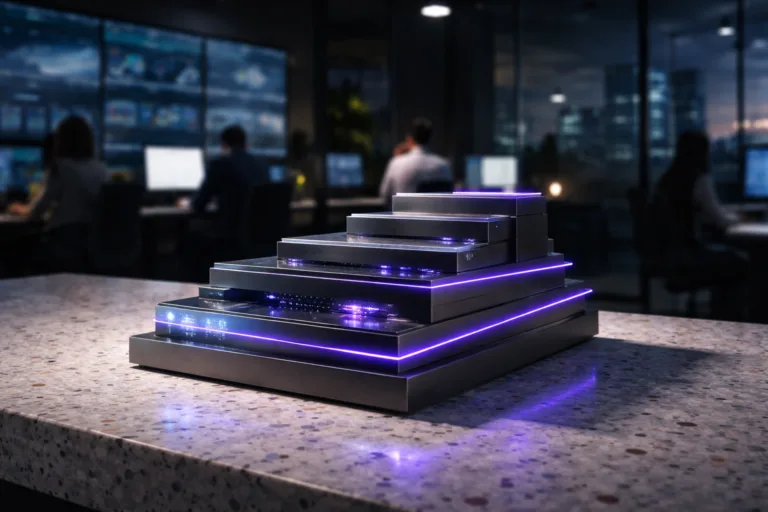 A photorealistic medium-wide cinematic shot, camera positioned approximately 1–2 meters from the subject with a 35mm lens, capturing a refined physical hero object that represents Prompt Governance: a sleek tabletop “AI command console” sculpture composed of stacked glass and matte metal panels in a precise isometric stepped form, with small integrated indicator lights and abstract data visualizations (no legible text), resting on a white terrazzo (granilite) surface with colorful stone chips, clearly readable within a realistic environment. The object integrates subtle electric-purple #7B63FF accents indicating intelligence or activity in the form of thin glowing edge lines and discreet light strips, without overpowering realism. Set in a contemporary tech-noir marketing command room at night inside a modern corporate office, with large wall-mounted screens in the background showing softly blurred analytics dashboards, glass walls revealing a moody city skyline with faint neon reflections, and a diverse group of professionals in business-casual attire collaborating at desks in the periphery, softly out of focus. Lighting is low-key and practical, coming from the wall screens, desktop monitors, and a few overhead fixtures, complemented by a soft integrated white spotlight from above and slightly to the side of the hero object, gently revealing form, texture, and depth of the terrazzo surface, glass layers, and metal details. Cinematic realism, natural shallow-to-medium depth of field, neutral corporate color palette with restrained electric-purple and cool cyan accents, premium materials, ultra-detailed, 8K, no captions, no on-screen text, no watermarks.